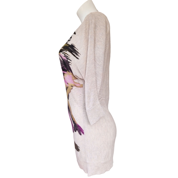 INC Lightweight Knit Beige Purple Floral Semi-Long Batwing Tunic size M - Picture 2 of 4